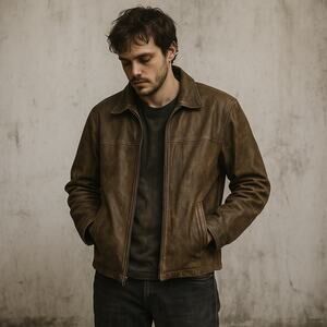 Vintage Jos. A. Bank Mens L Leather Jacket Brown Distressed Full Zip Grunge Y2K